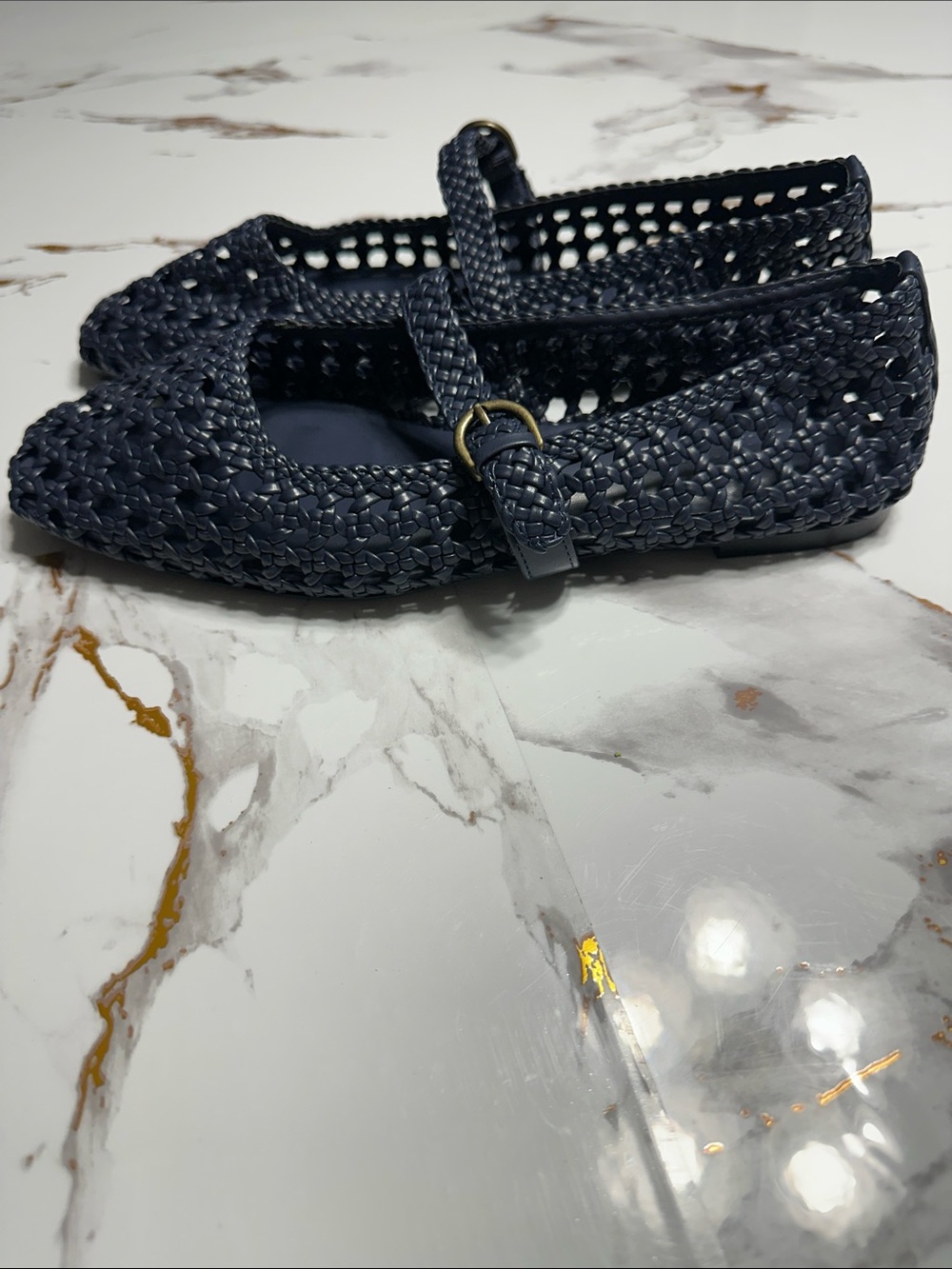 Woven Mary Jane Flats in Navy with Buckle Strap - Picture 8 of 9